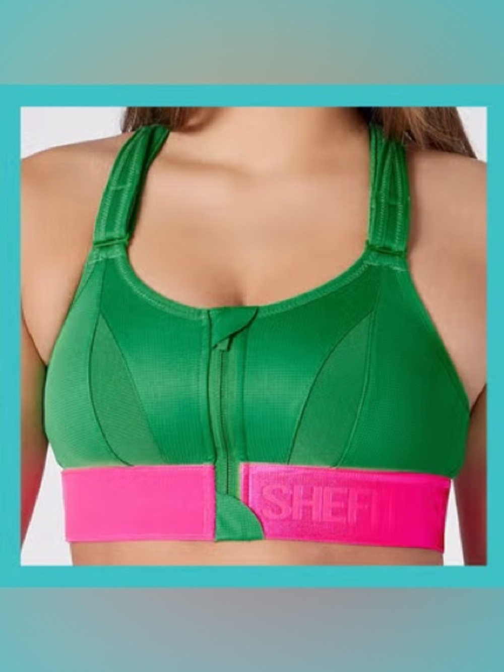 SheFit Green & pink adjustable Sports Zip-Front Sports Bra ~XL